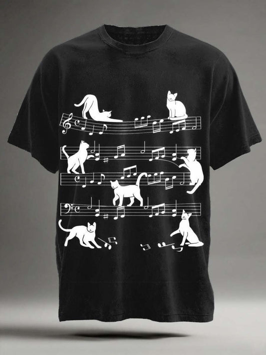 Abstract Musical Score Cat Print Casual Short-Sleeve T-Shirt