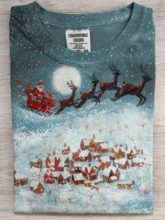 Santa's Sleigh Print Casual Short-Sleeve T-Shirt