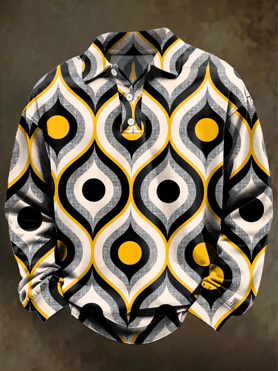 Artistic Abstract Pattern Print Casual Long-Sleeve Polo Shirt