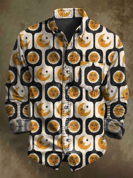 Abstract Sun and Moon Print Casual Long-Sleeve Shirt