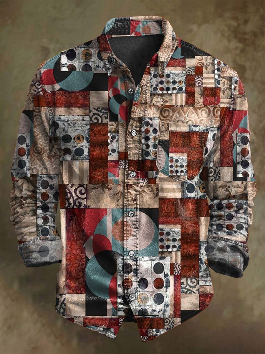 Retro Patchwork Geometric Print Casual Long-Sleeve Shirt