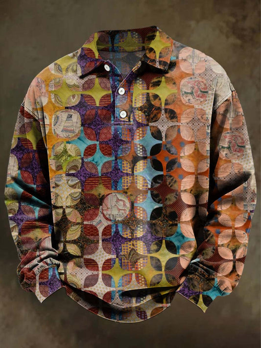Artistic Multi-Color Pattern Printed Casual Long-Sleeve Polo Shirt