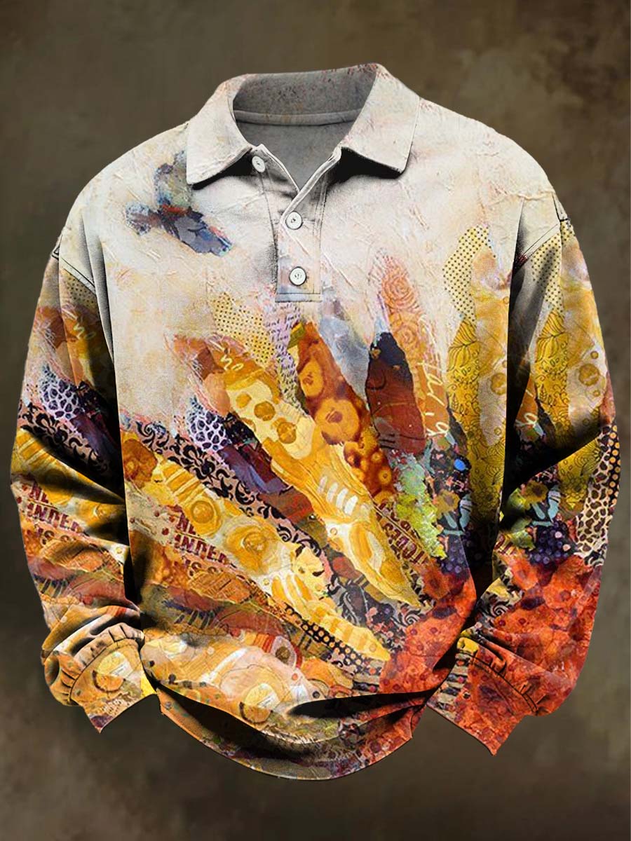 Abstract Art Gradient Pattern Printed Casual Long-Sleeve Polo Shirt
