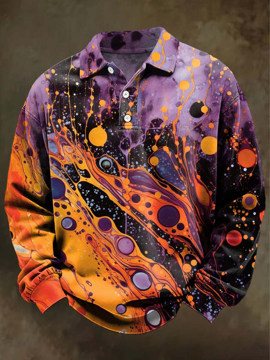 Abstract Color-Blocking Sand-Printed Casual Long-Sleeve Polo Shirt