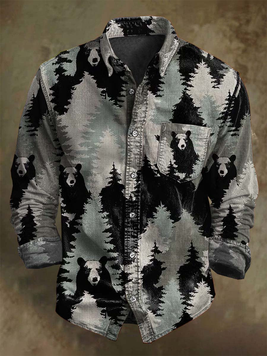 Abstract Panda Forest Print Casual Long-Sleeve Shirt