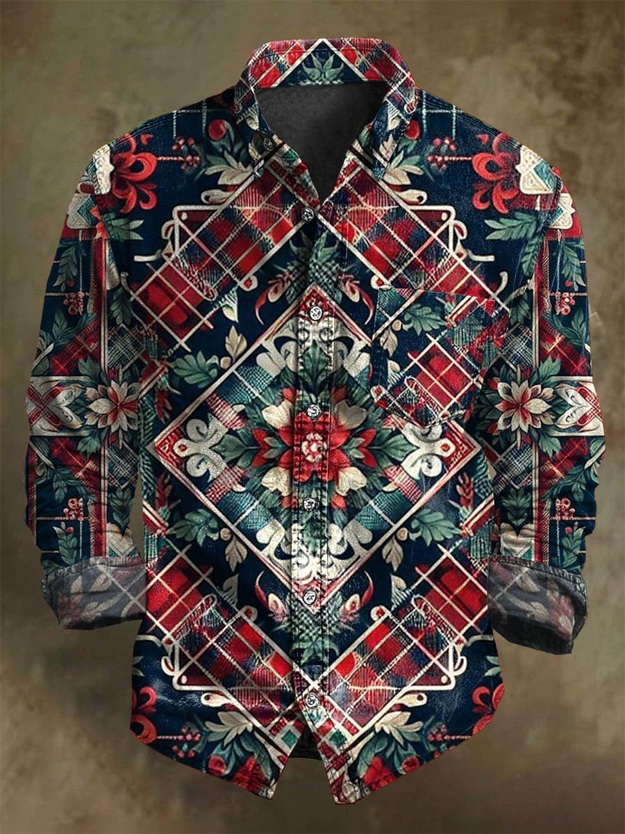 Christmas Winter Plaid Print Casual Long-Sleeve Shirt