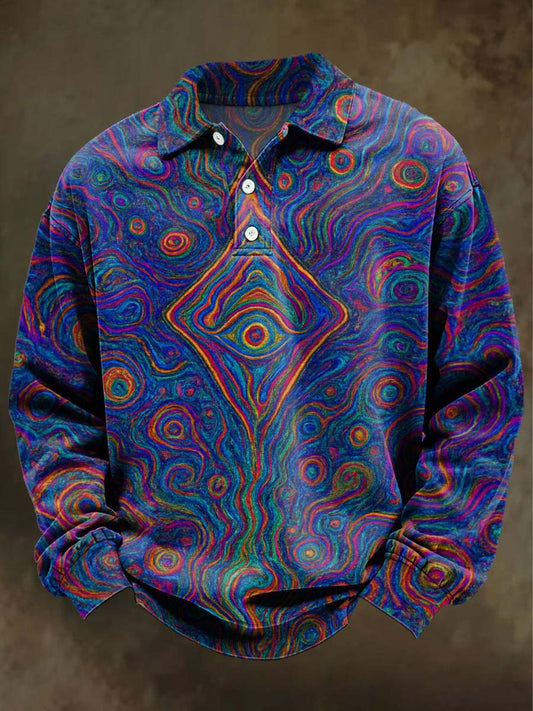 Abstract Colorful Triangle-Eye Print Casual Long-Sleeve Polo Shirt