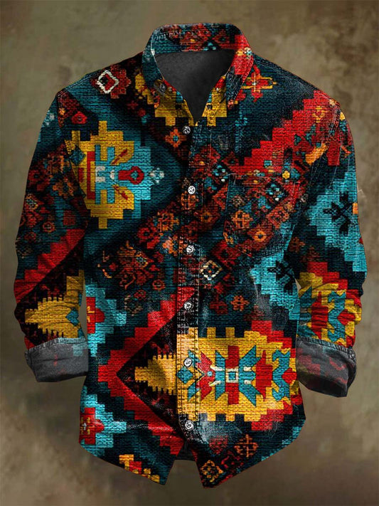 Retro Ethnic Print Casual Long-Sleeve Shirt