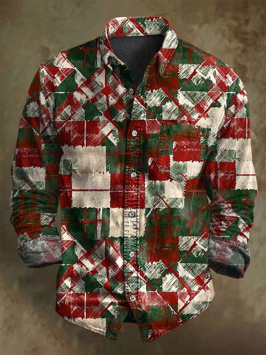 Vintage Plaid Print Christmas Casual Long-Sleeve Shirt