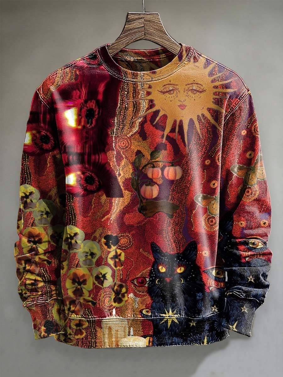 Abstract Patchwork Sun Cat Print Casual Crewneck Sweatshirt