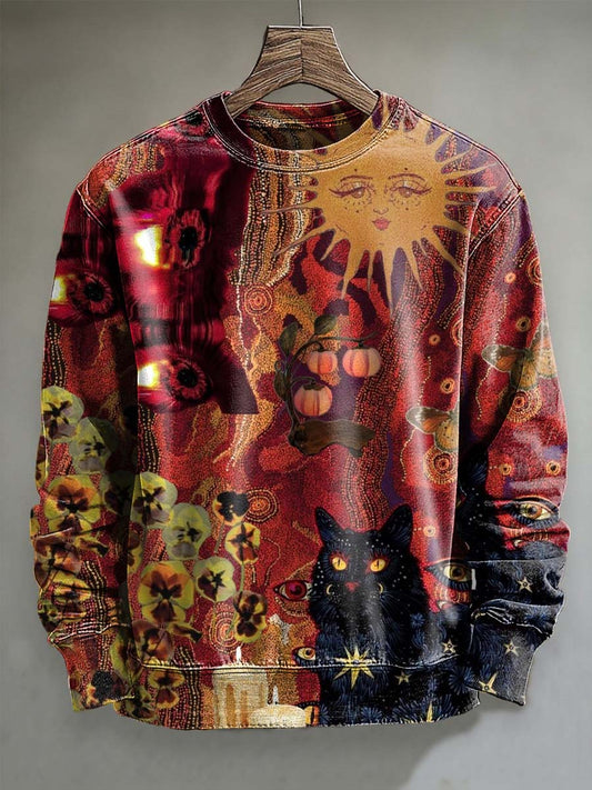 Abstract Patchwork Sun Cat Print Casual Crewneck Sweatshirt