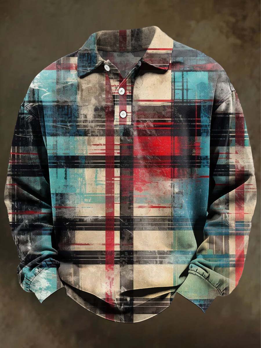 Retro Christmas Plaid Print Casual Long-Sleeve Polo Shirt