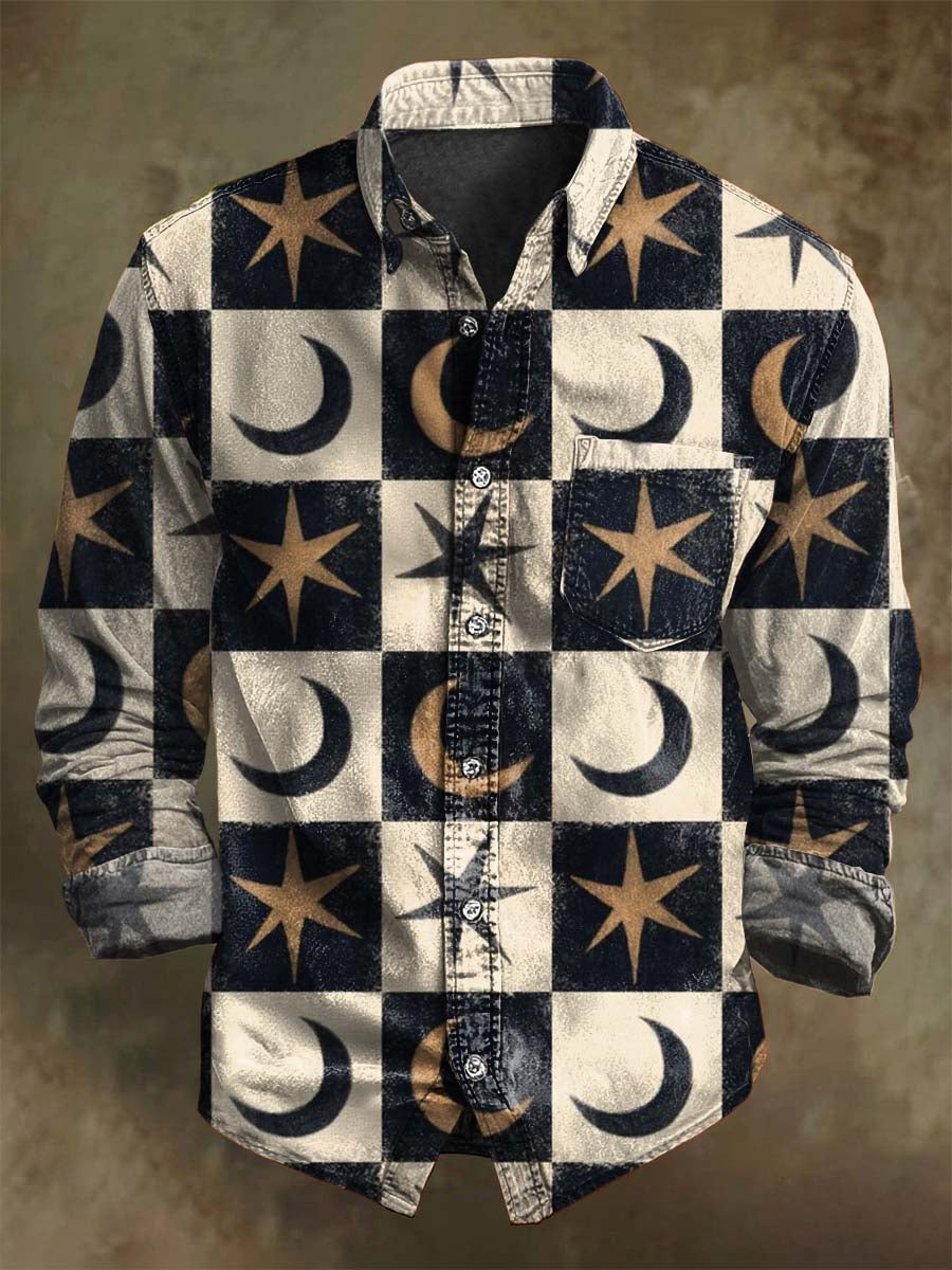 Abstract Moon and Star Print Casual Long-Sleeve Shirt