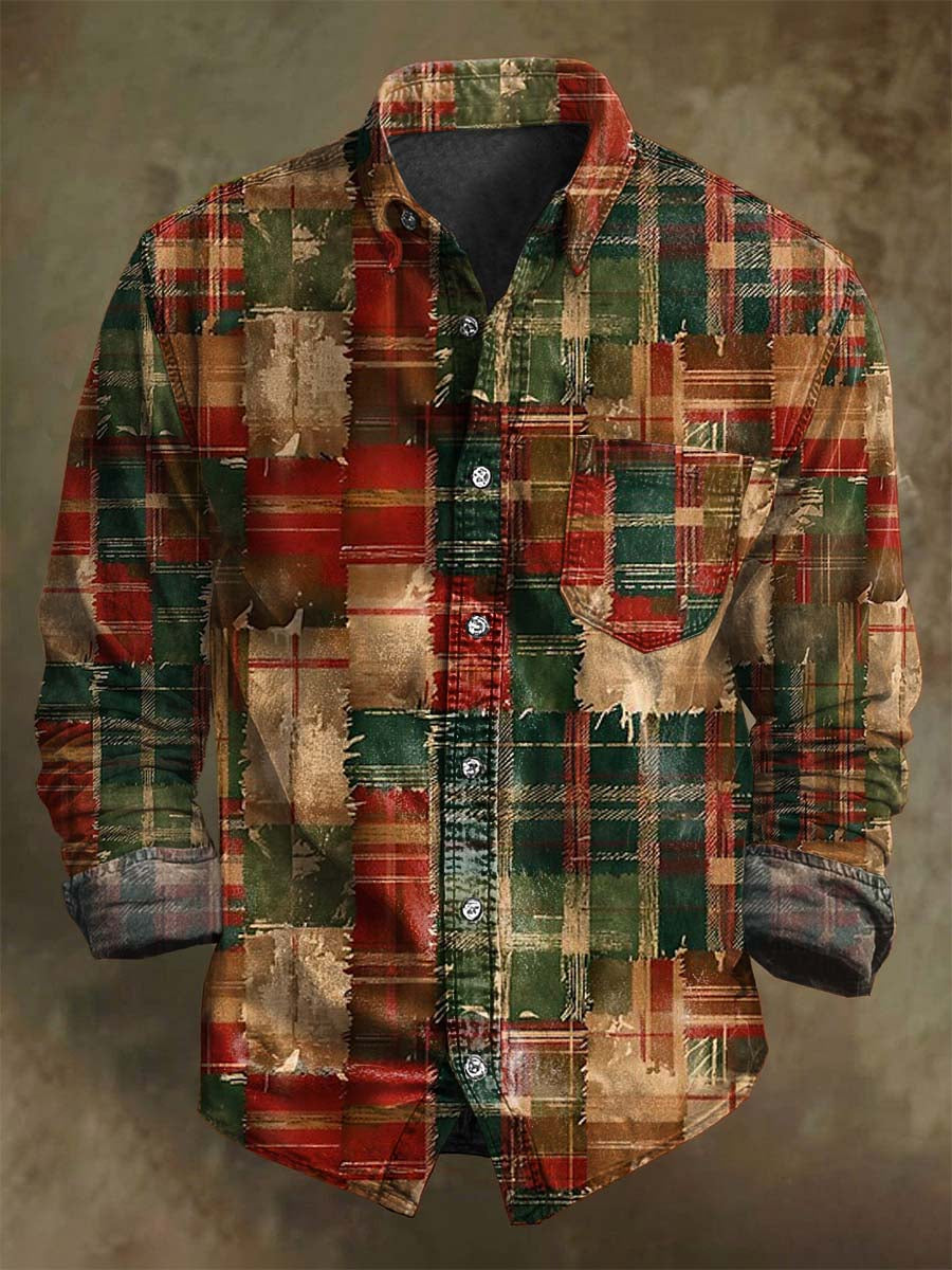 Vintage Plaid Print Christmas Casual Long-Sleeve Shirt