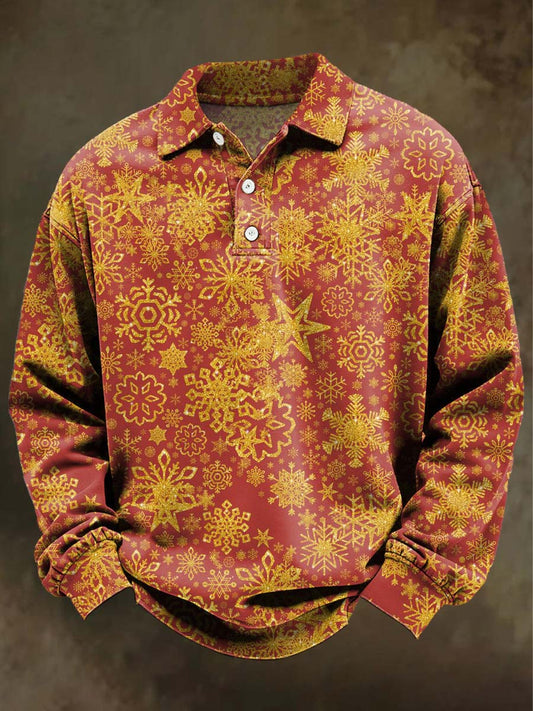Christmas Snowflake Print Casual Long-Sleeve Polo Shirt