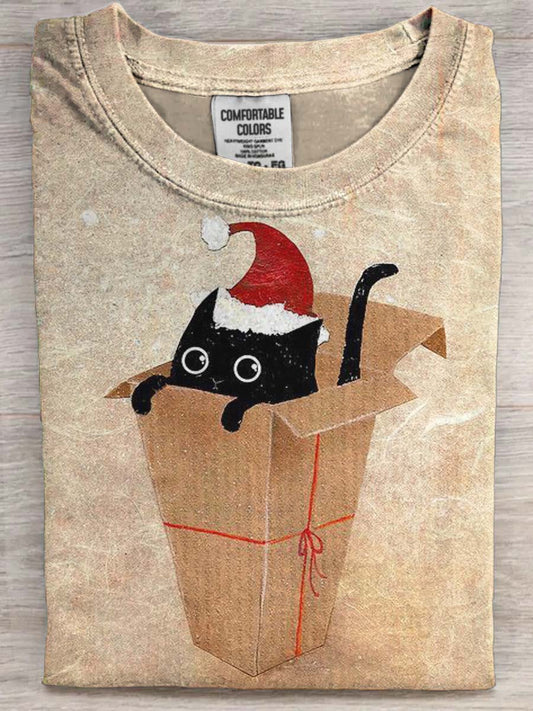 Christmas Cat Print Casual Short-Sleeve T-Shirt