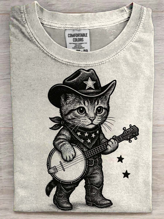 Cowboy Cat Print Casual Short-Sleeve T-Shirt