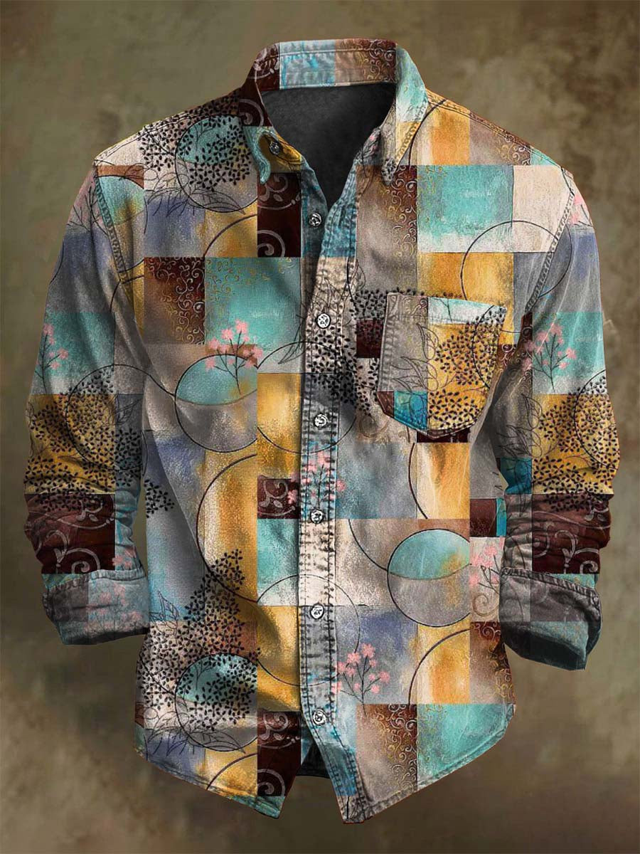 Abstract Color-Blocked Floral Print Casual Long-Sleeve Shirt