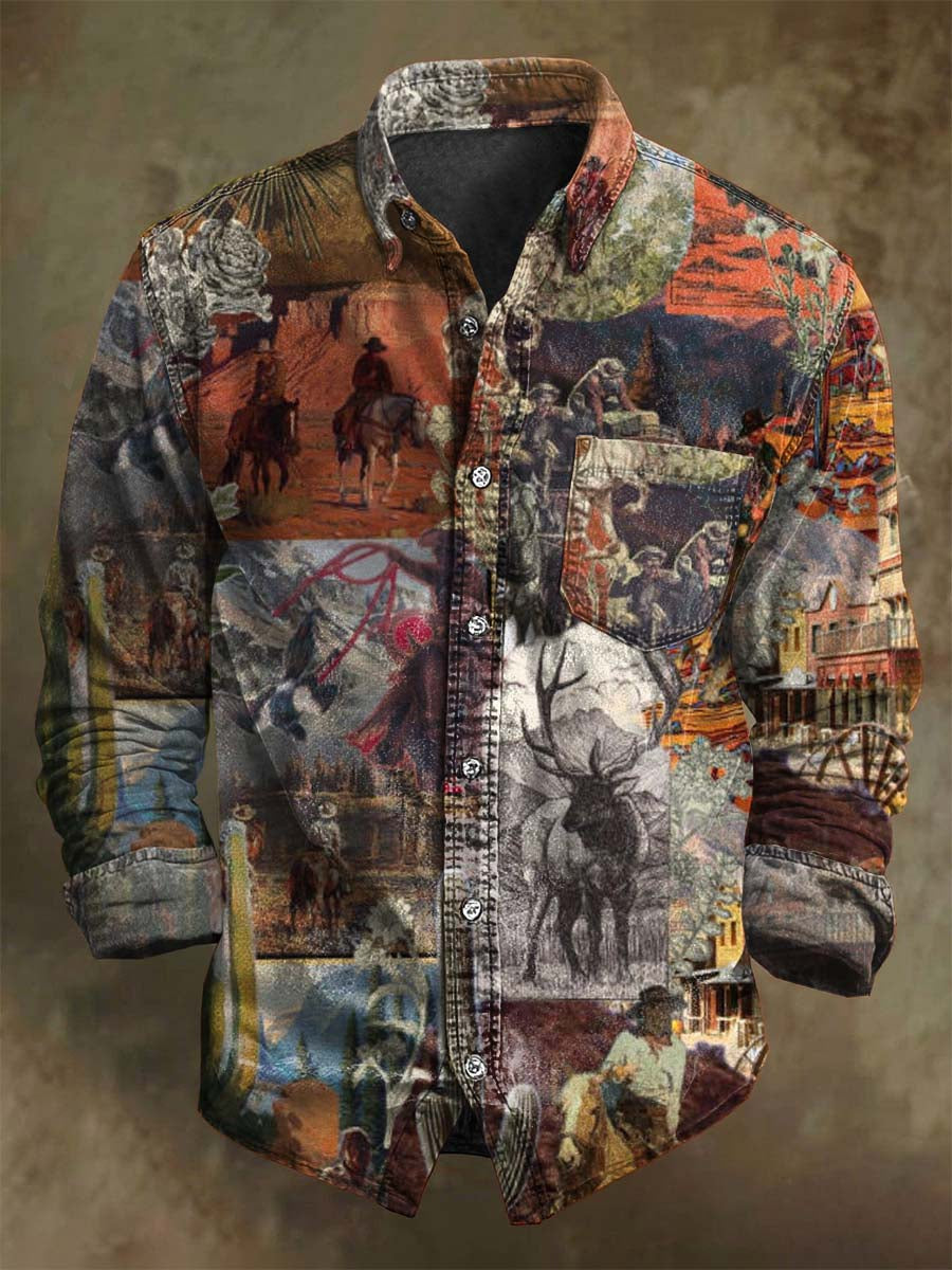 Abstract Western Cowboy Puzzle Print Casual Long-Sleeve Shirt