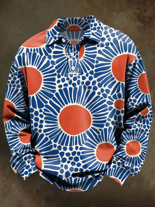 Abstract Floral Print Casual Long-Sleeve Polo Shirt