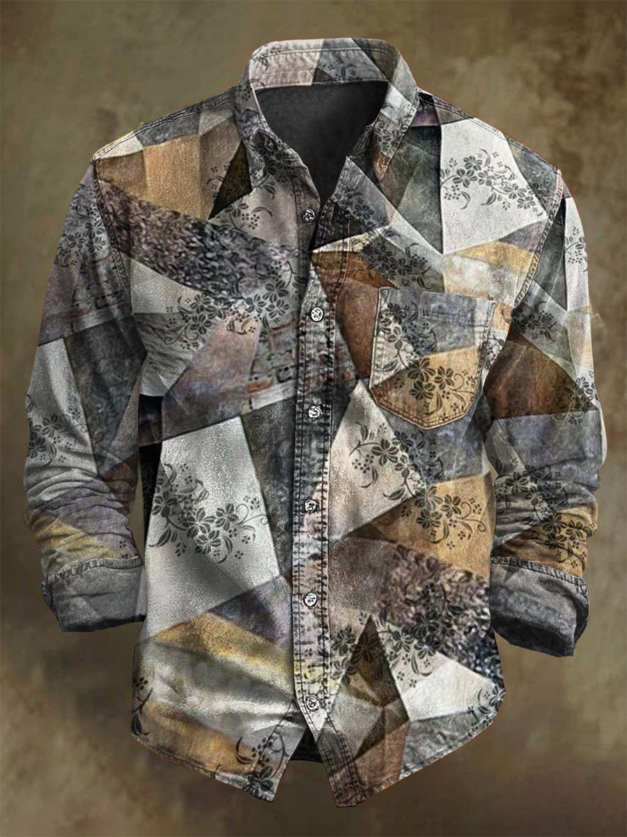 Abstract Geometric Floral Print Casual Long-Sleeve Shirt