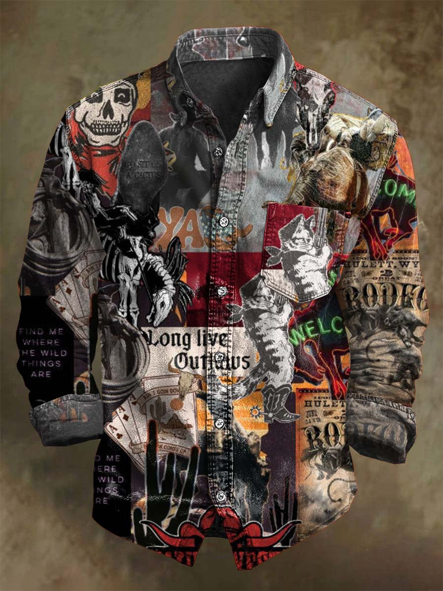 Abstract Western Cowboy Puzzle Print Casual Long-Sleeve Shirt