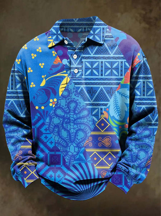 Abstract Geometric Irregular Print Casual Long-Sleeve Polo Shirt