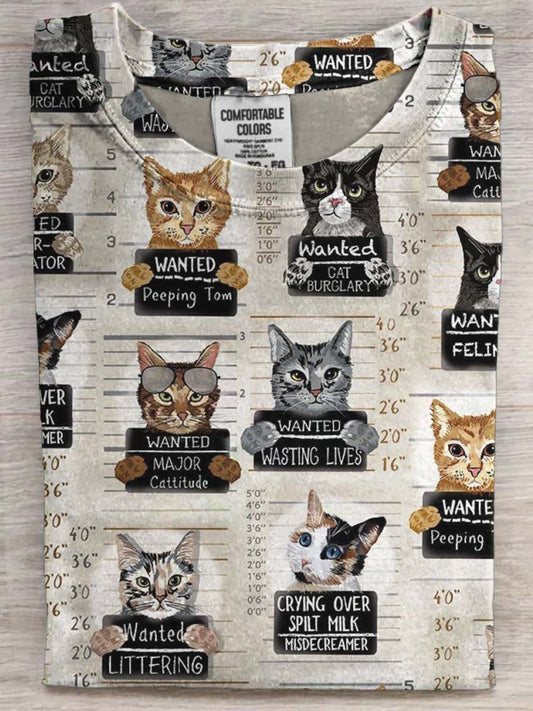 Funny Wanted Cat Print Casual Short-Sleeve T-Shirt