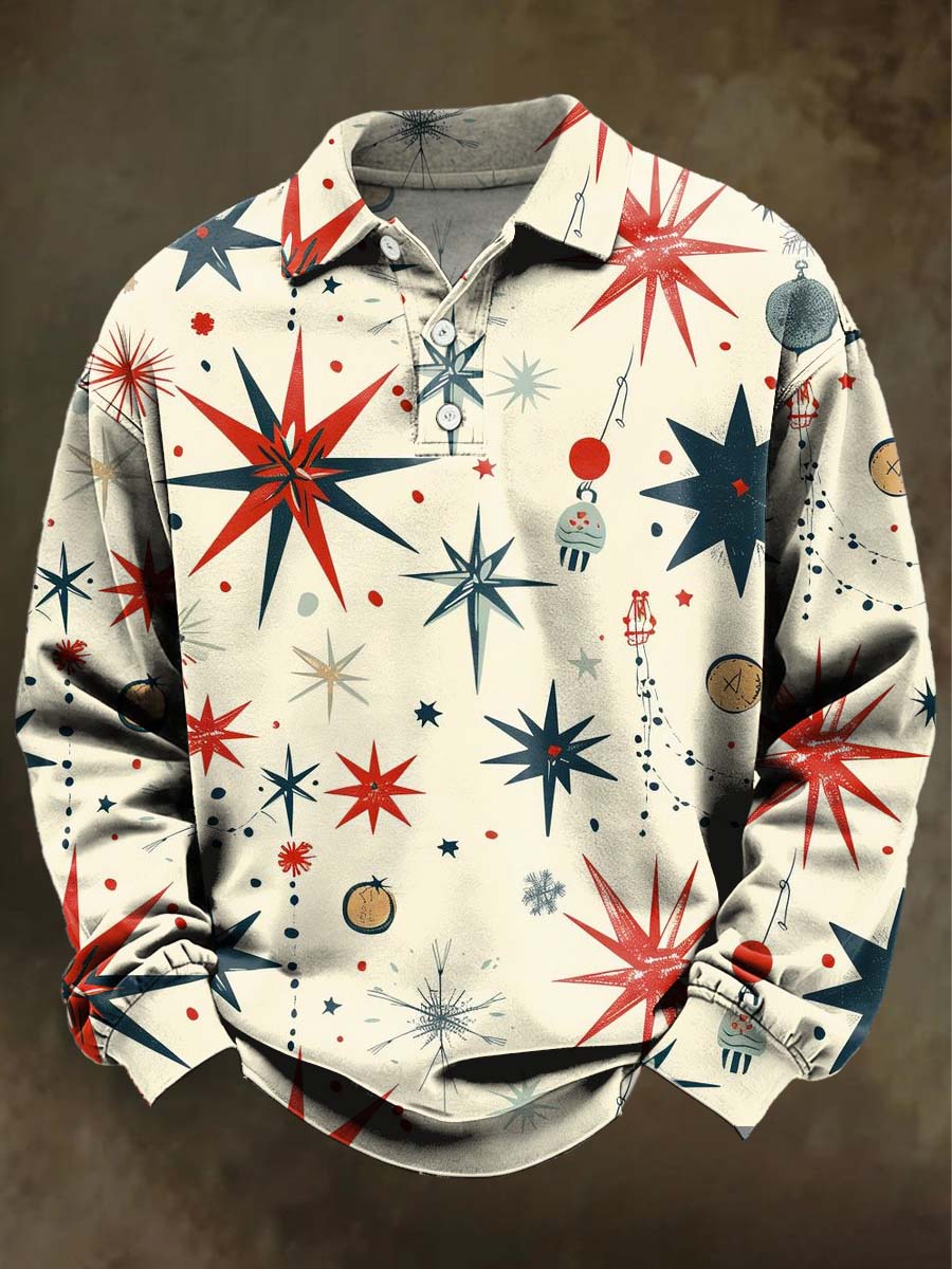 Christmas Snowflake Print Casual Long-Sleeve Polo Shirt