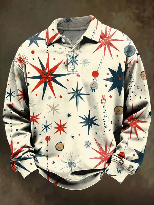 Christmas Snowflake Print Casual Long-Sleeve Polo Shirt
