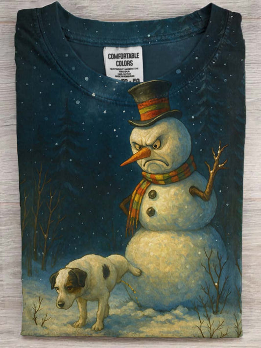 Funny Puppy Snowman Print Casual Short-Sleeve T-Shirt