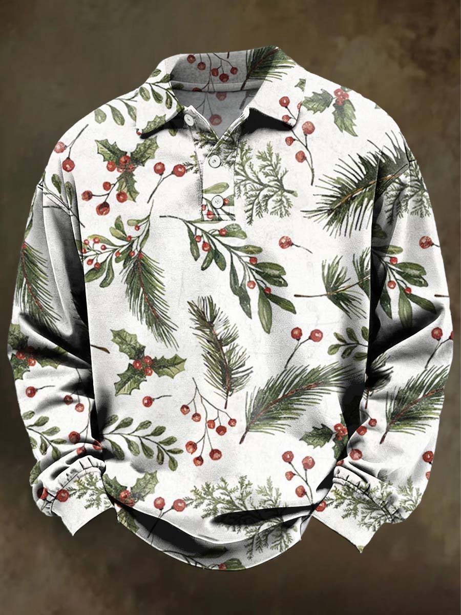 Christmas Holly Print Casual Long-Sleeve Polo Shirt