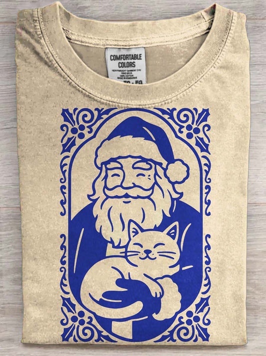 Santa Claus Cat Print Casual Short-Sleeve T-Shirt