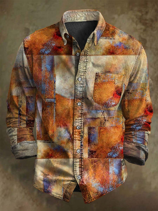Abstract Color-Block Art Print Casual Long-Sleeve Shirt