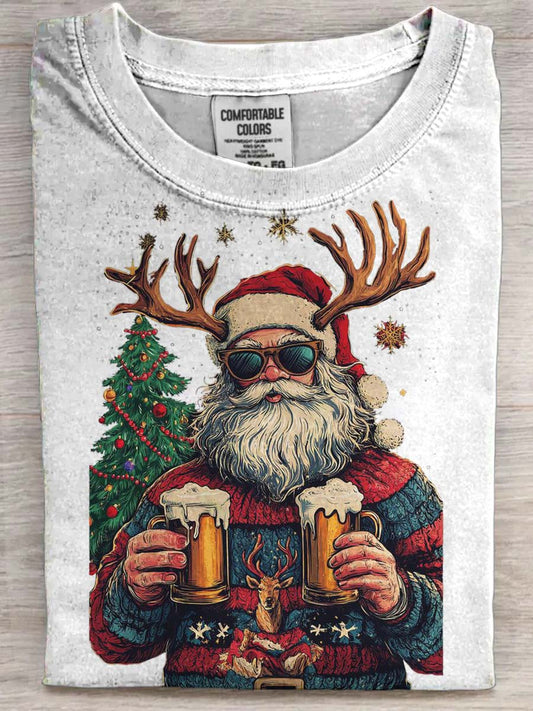 Santa Claus Drinking Beer Print Casual Short-Sleeve T-Shirt