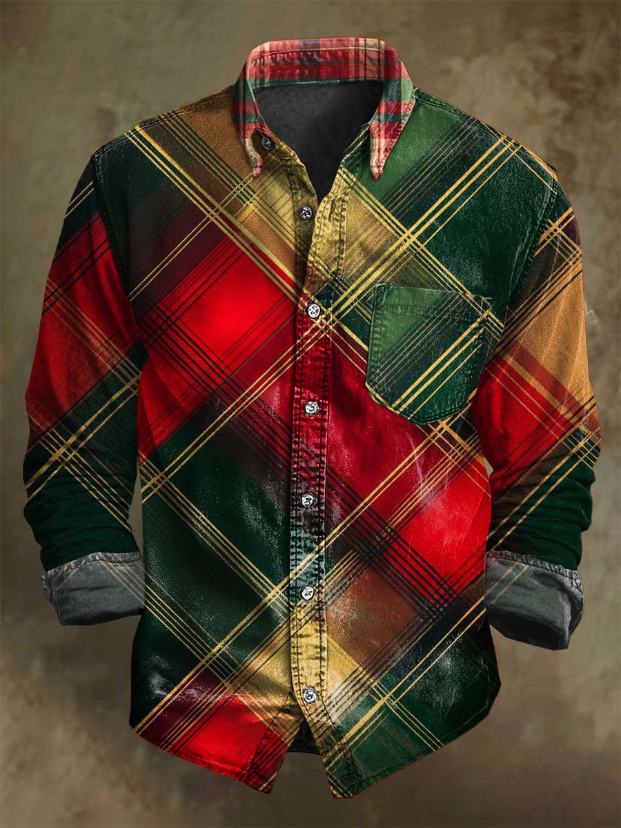 Christmas Plaid Print Casual Long-Sleeve Shirt