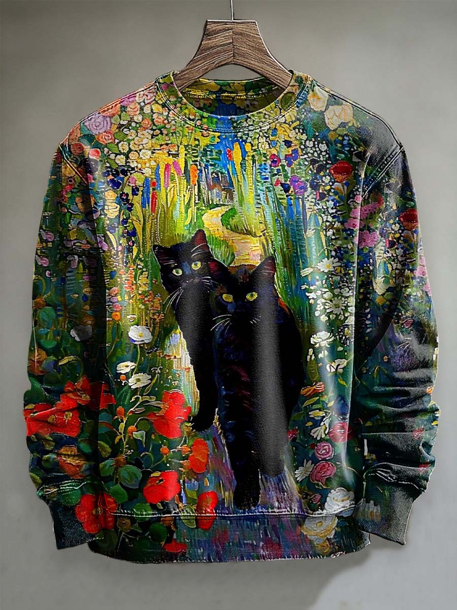 Abstract Garden Cat Print Casual Crewneck Sweatshirt