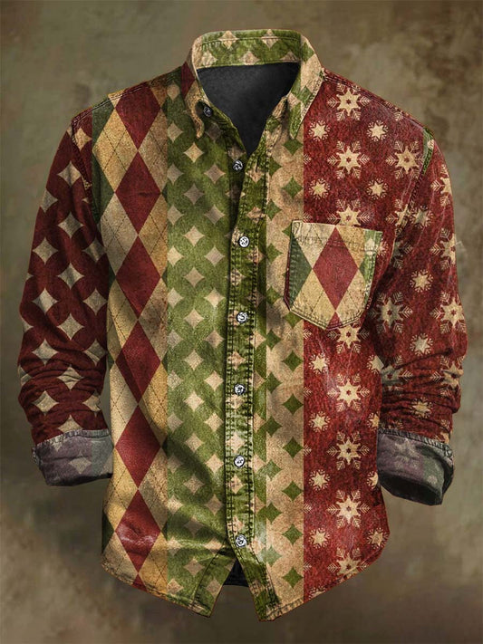 Christmas Patchwork Plaid Print Casual Long-Sleeve Shirt