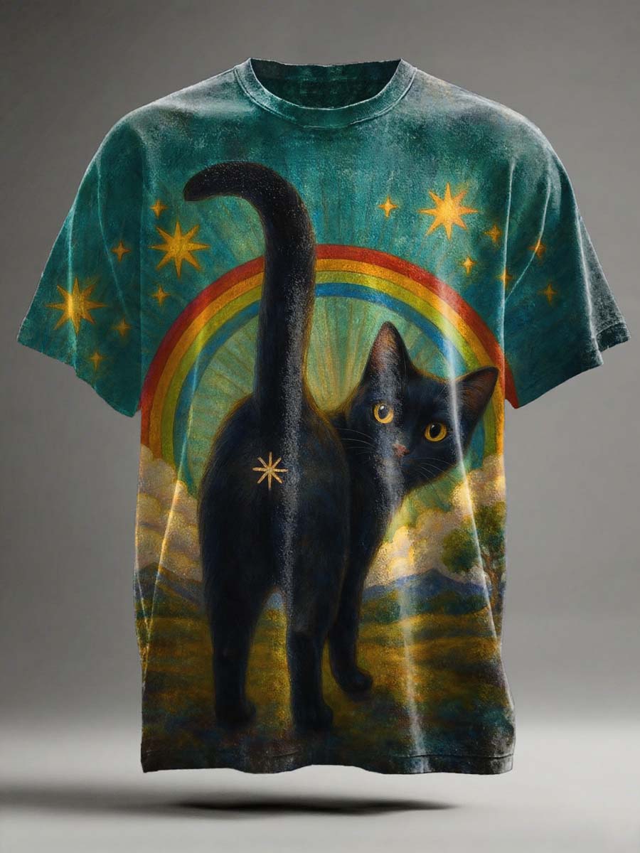 Fun Rainbow Cat Print Casual Short-Sleeve T-Shirt