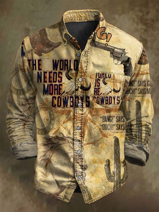 Abstract Western Cowboy Puzzle Print Casual Long-Sleeve Shirt
