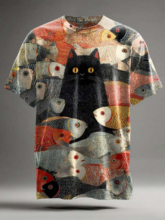 Funny Fish School Cat Print Casual Short-Sleeve T-Shirt
