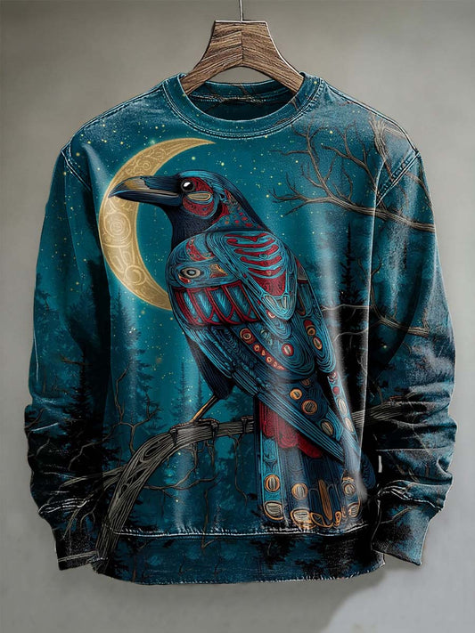 Retro Moonlight Crow Print Casual Crewneck Sweatshirt