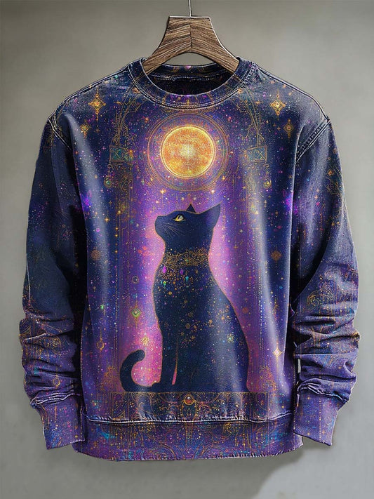 Psychedelic Cat Print Casual Crewneck Sweatshirt