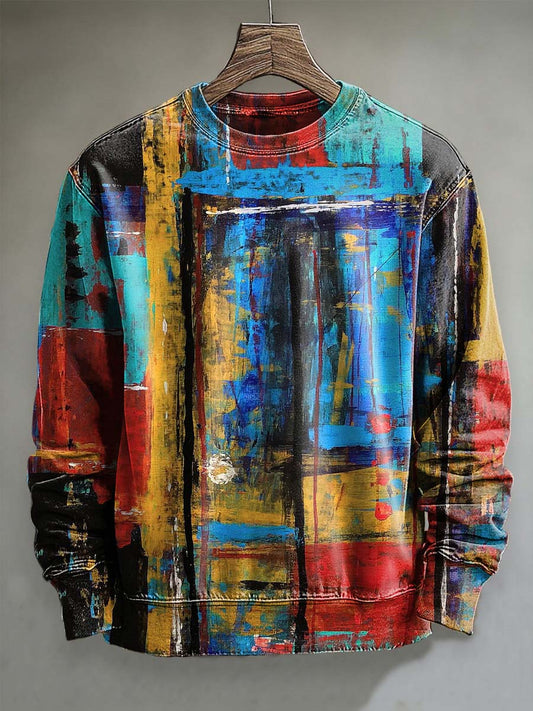 Abstract Color-Blocking Oil Painting Print Casual Crewneck Sweatshirt