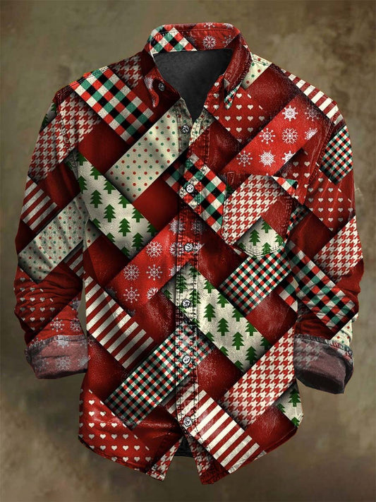 Christmas Patchwork Plaid Print Casual Long-Sleeve Shirt