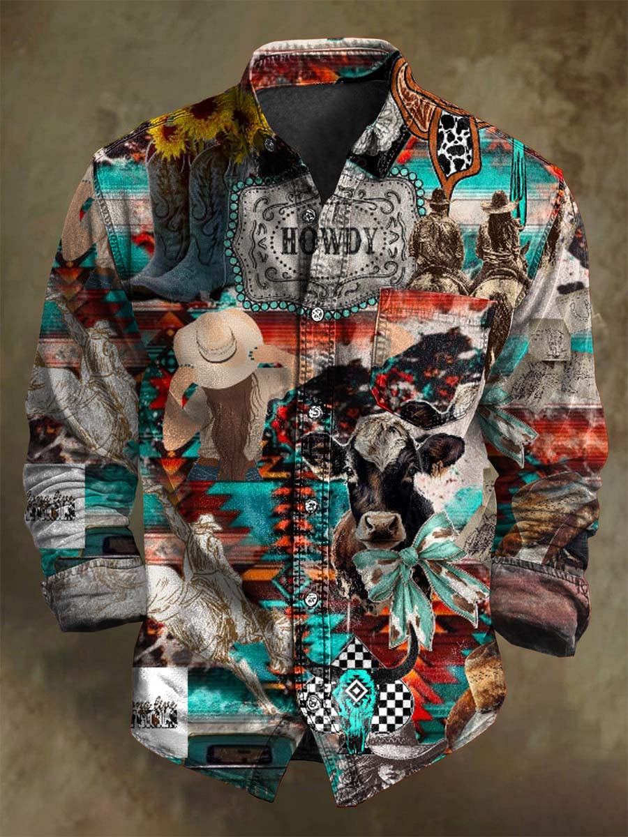 Abstract Western Cowboy Puzzle Print Casual Long-Sleeve Shirt