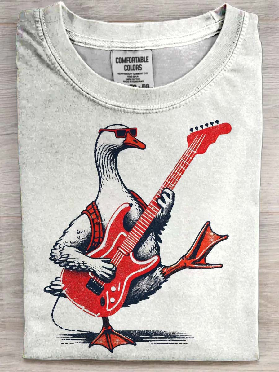 Funny Rock Duck Print Casual Short-Sleeve T-Shirt