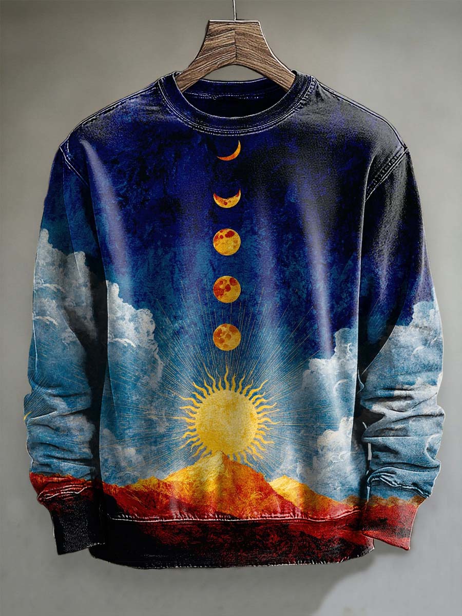 Abstract Moon and Sun Print Casual Crewneck Sweatshirt