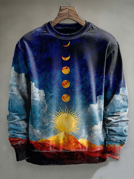 Abstract Moon and Sun Print Casual Crewneck Sweatshirt