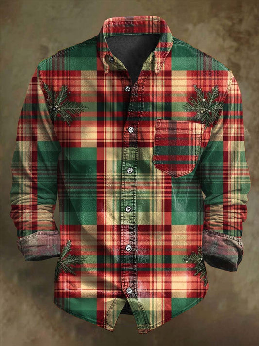 Christmas Snowflake Plaid Print Casual Long-Sleeve Shirt
